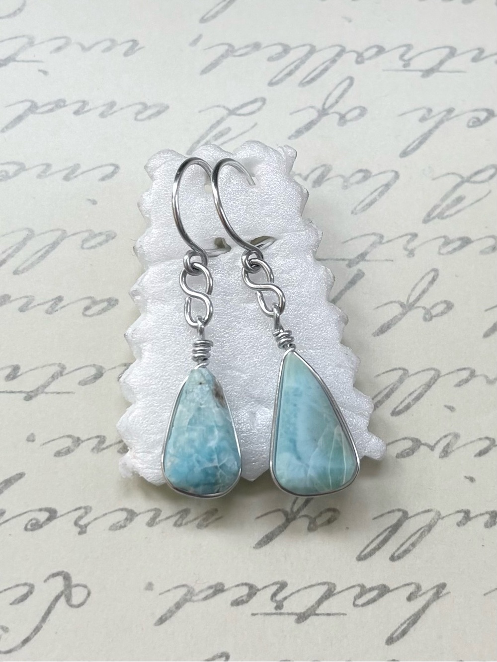 Silver Tone Larimar Teardrop Dangle Earrings - Aqua Blue